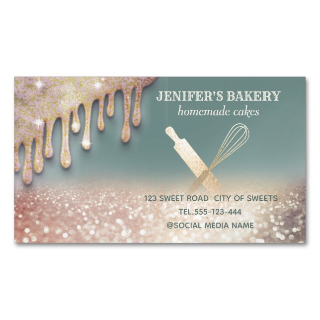 Glittery gold rolling pin whisk chef bakery 	Magnetic business card (Front)