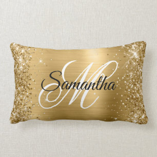 Glittery Gold Satin Foil Monogram Lumbar Cushion