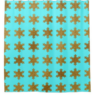 Glittery Gold Snowflake Patterns Turquoise Blue  Shower Curtain