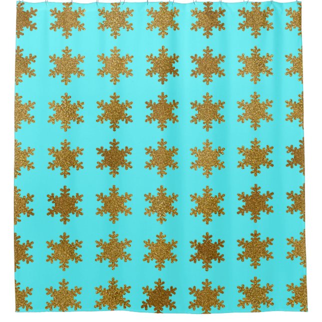Glittery Gold Snowflake Patterns Turquoise Blue  Shower Curtain (Front)