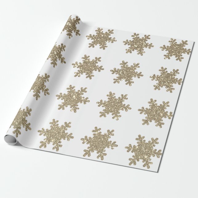 Glittery Gold Snowflake Patterns White Christmas Wrapping Paper (Unrolled)