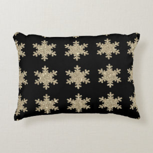 Glittery Gold Snowflakes Patterns Black Cute 2023 Decorative Cushion