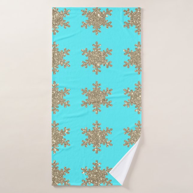 Glittery Gold Snowflakes Patterns Turquoise Blue Bath Towel (Bath Towel)
