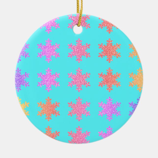 Glittery Gold Snowflakes Patterns Turquoise Blue Ceramic Ornament (Front)