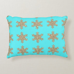 Glittery Gold Snowflakes Patterns Turquoise Blue Decorative Cushion