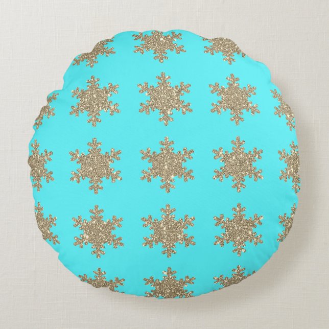 Glittery Gold Snowflakes Patterns Turquoise Blue Round Cushion (Front)