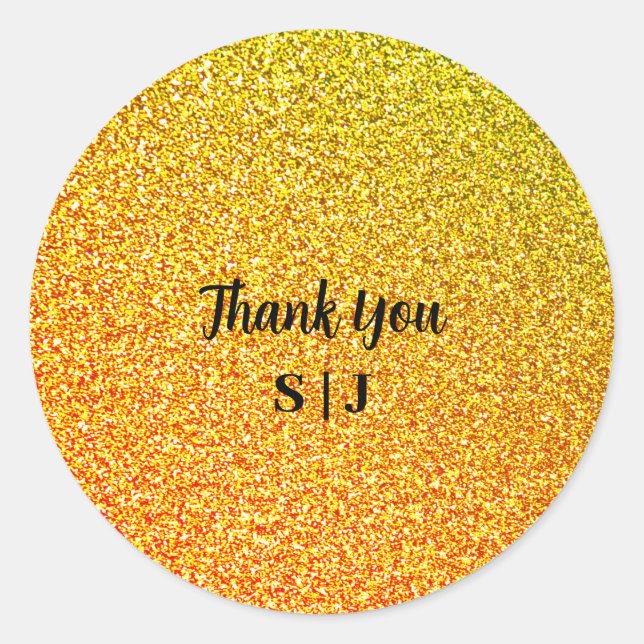 Glittery Gold Sparkle Wedding Monograms Thank You Classic Round Sticker (Front)
