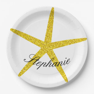Glittery Gold Starfish Pattern Custom Name Stylish Paper Plate