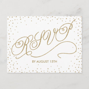 Glittery Gold Stars Fancy White RSVP Postcard