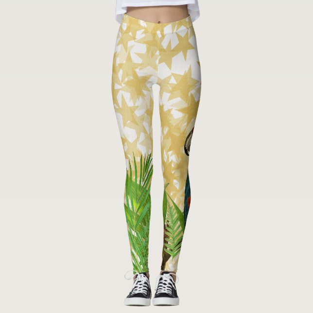 Glittery Gold Stars Parrot and Butterfly  Leggings (Front)