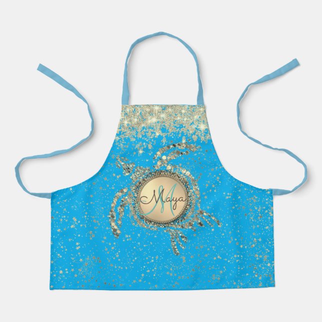 Glittery Gold Turtle on Blue  Apron (Front)