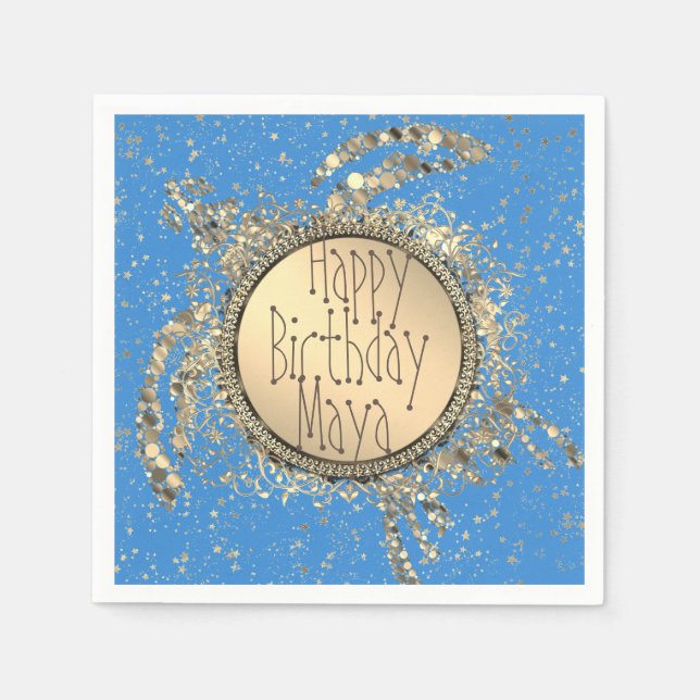 Glittery Gold Turtle on Blue Birthday  Napkin (Front)