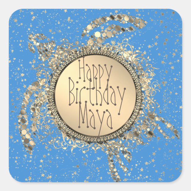 Glittery Gold Turtle on Blue Birthday  Square Sticker (Front)