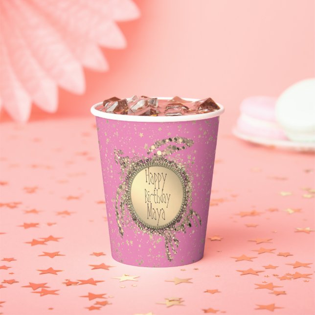 Glittery Gold Turtle on Pink Birthday Custom Paper Cups (Insitu)