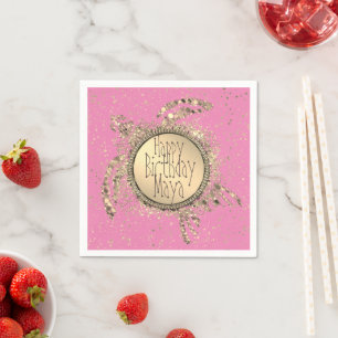 Glittery Gold Turtle on Pink Birthday   Napkin