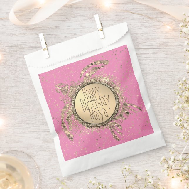 Glittery Gold Turtle on Pink Birthday Personalised Favour Bag (Clipped)