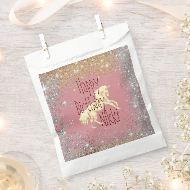 Glittery Gold Unicorn Birthday Personalised Favour Bag (Clipped)