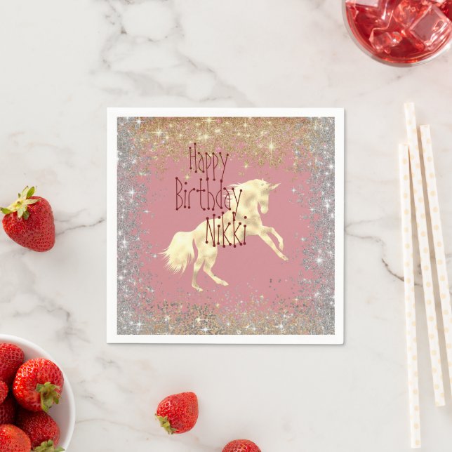 Glittery Gold Unicorn  Birthday Personalised   Napkin (Insitu)