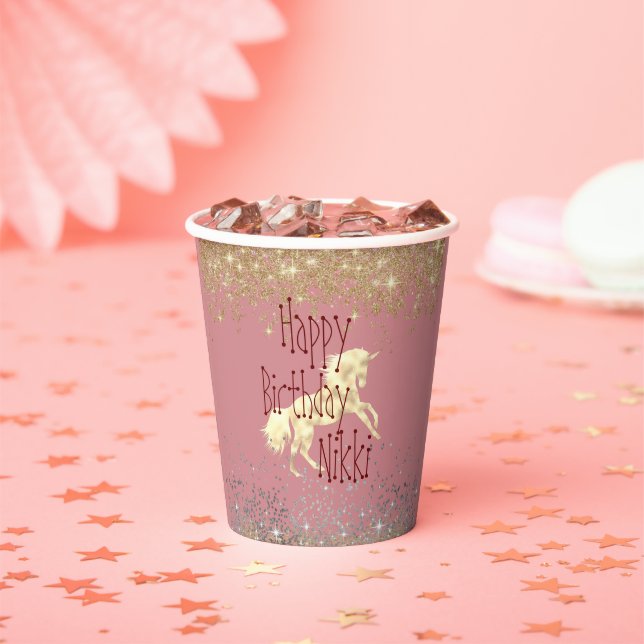 Glittery Gold Unicorn Birthday Personalised  Paper Cups (Insitu)