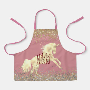Glittery Gold Unicorn on Pink Personalised Apron