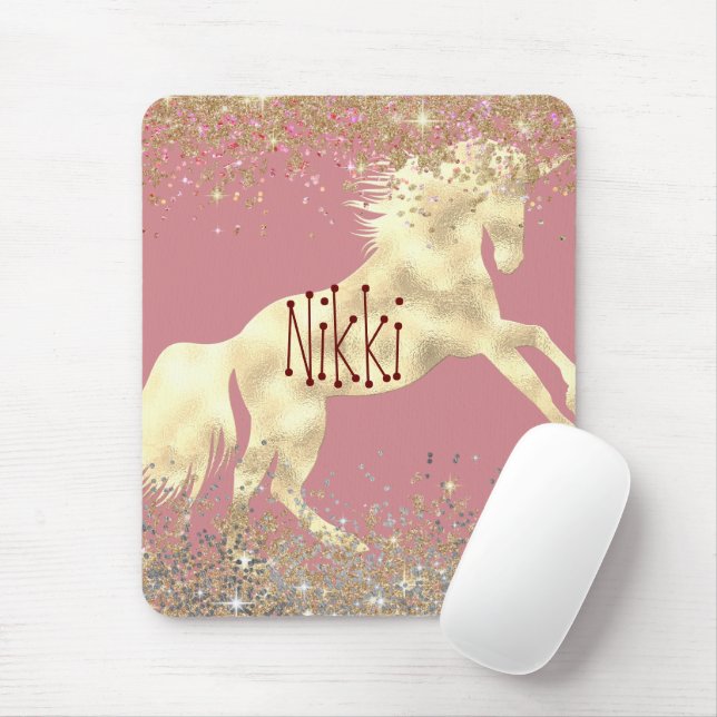 Glittery Gold Unicorn on Pink Personalised Mouse Pad (With Mouse)
