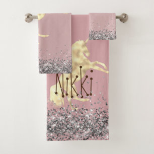 Glittery Gold Unicorn Personalised Bath Towel Set