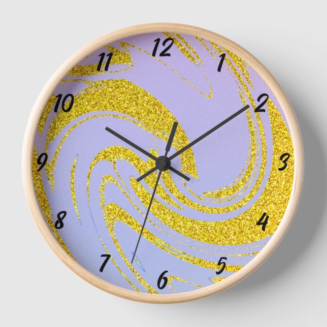 Glittery Gold Wave Pattern Pink Purple Ombre Cute Clock (Front)