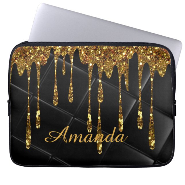 glittery golden black design laptop sleeve (Front)