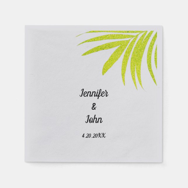 Glittery Golden Green Tropical Palm Wedding Silver Napkin (Front)