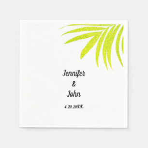 Glittery Golden Green Tropical Palm Wedding White Napkin