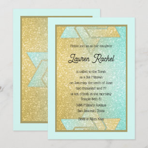 Glittery Gradient Bat Mitzvah Aqua Gold Invitation