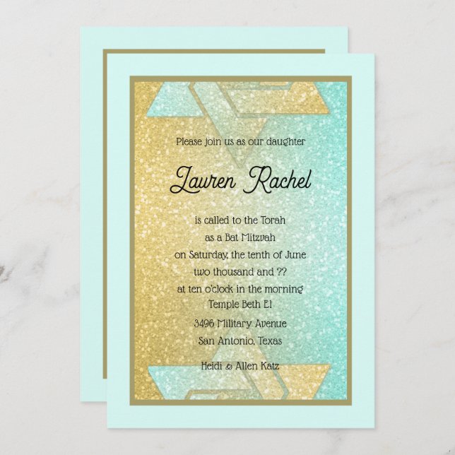 Glittery Gradient Bat Mitzvah Aqua Gold Invitation (Front/Back)