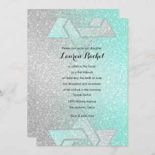 Glittery Gradient Bat Mitzvah Aqua Invitation