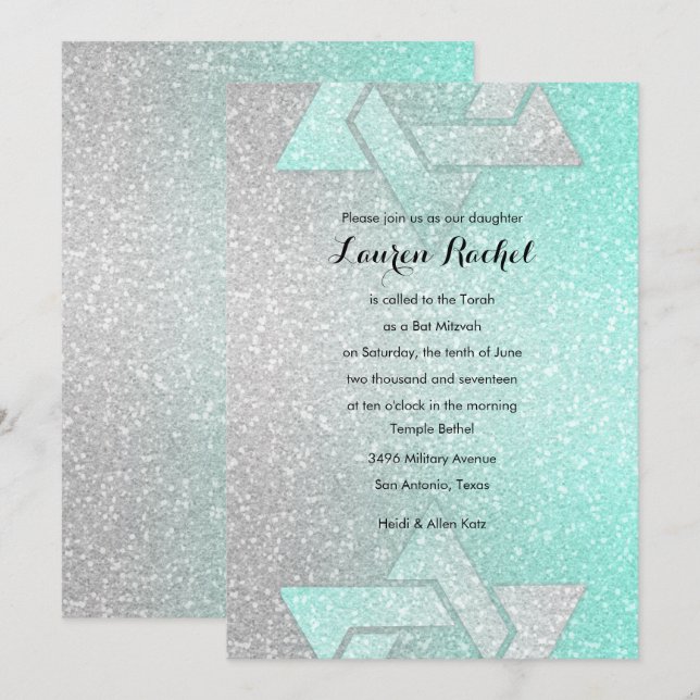 Glittery Gradient Bat Mitzvah Aqua Invitation (Front/Back)