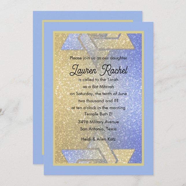 Glittery Gradient Bat Mitzvah Blue Invitation (Front/Back)