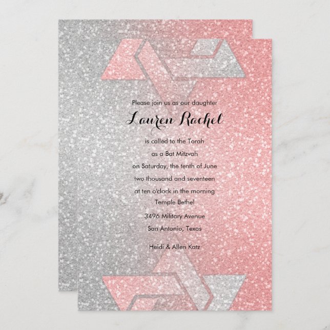 Glittery Gradient Bat Mitzvah Coral Invitation (Front/Back)