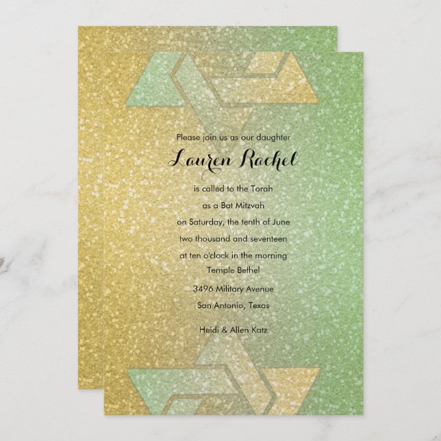Glittery Gradient Bat Mitzvah Mint Invitation (Front/Back)