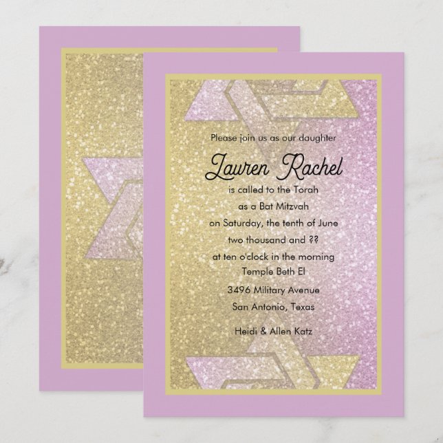 Glittery Gradient Bat Mitzvah Pink Gold Invitation (Front/Back)