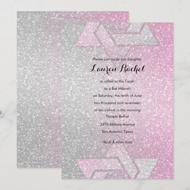Glittery Gradient Bat Mitzvah Pink Invitation (Front/Back)