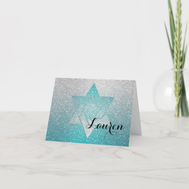 Glittery Gradient Bat Mitzvah Thank You Turquoise Note Card (Front)
