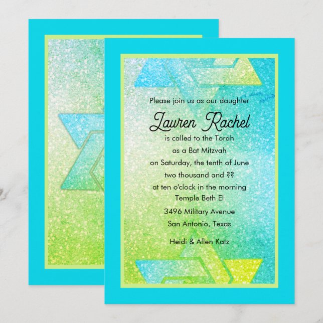 Glittery Gradient Bat Mitzvah Turquoise Lime Invit Invitation (Front/Back)