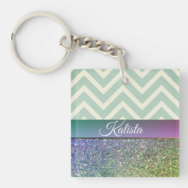 Glittery Green and Purple Chevron Key Ring (Front)