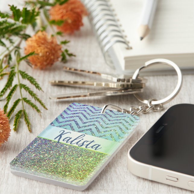 Glittery Green and Purple Chevron Personalised Key Ring (Front Right)