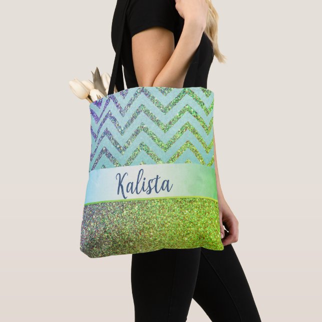 Glittery Green and Purple Chevron Personalised Tote Bag (Close Up)