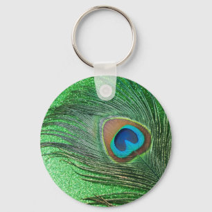 Glittery Green Peacock Feather Still Life Key Ring