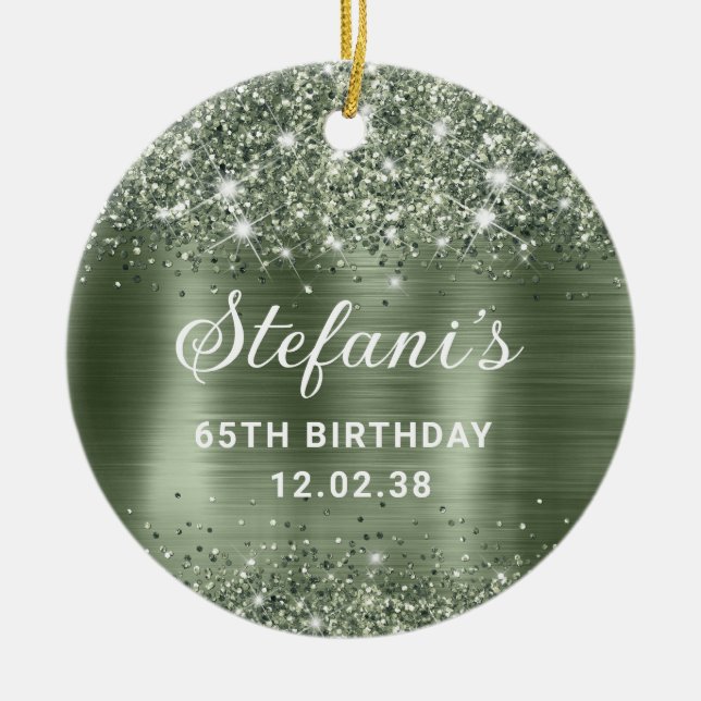 Glittery Green Sage Foil 65th Birthday Classic Ceramic Ornament (Front)
