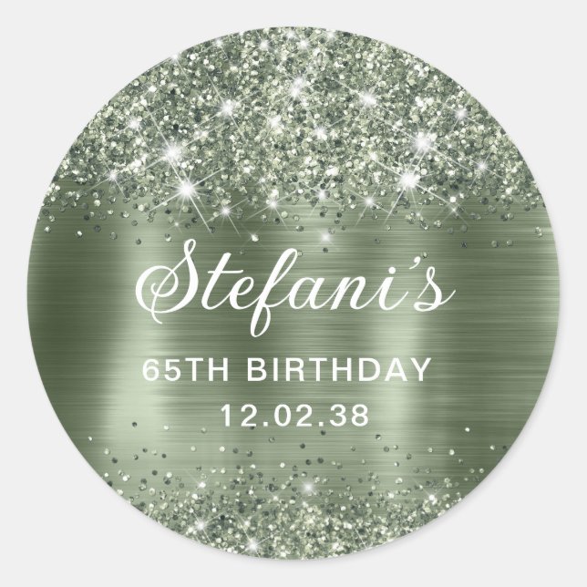 Glittery Green Sage Foil 65th Birthday Classic Round Sticker (Front)