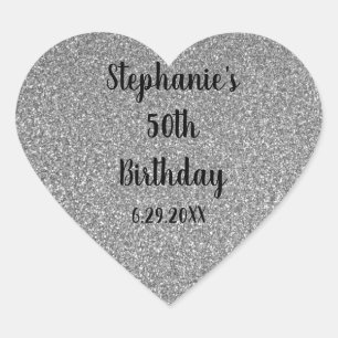Glittery Grey Silver Custom Happy Birthday Name Heart Sticker