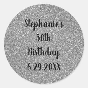 Glittery Grey Silver Happy Birthday Name Custom Classic Round Sticker