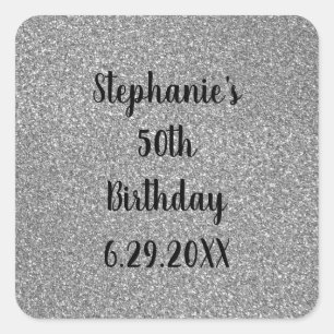 Glittery Grey Silver Happy Birthday Name Custom  Square Sticker
